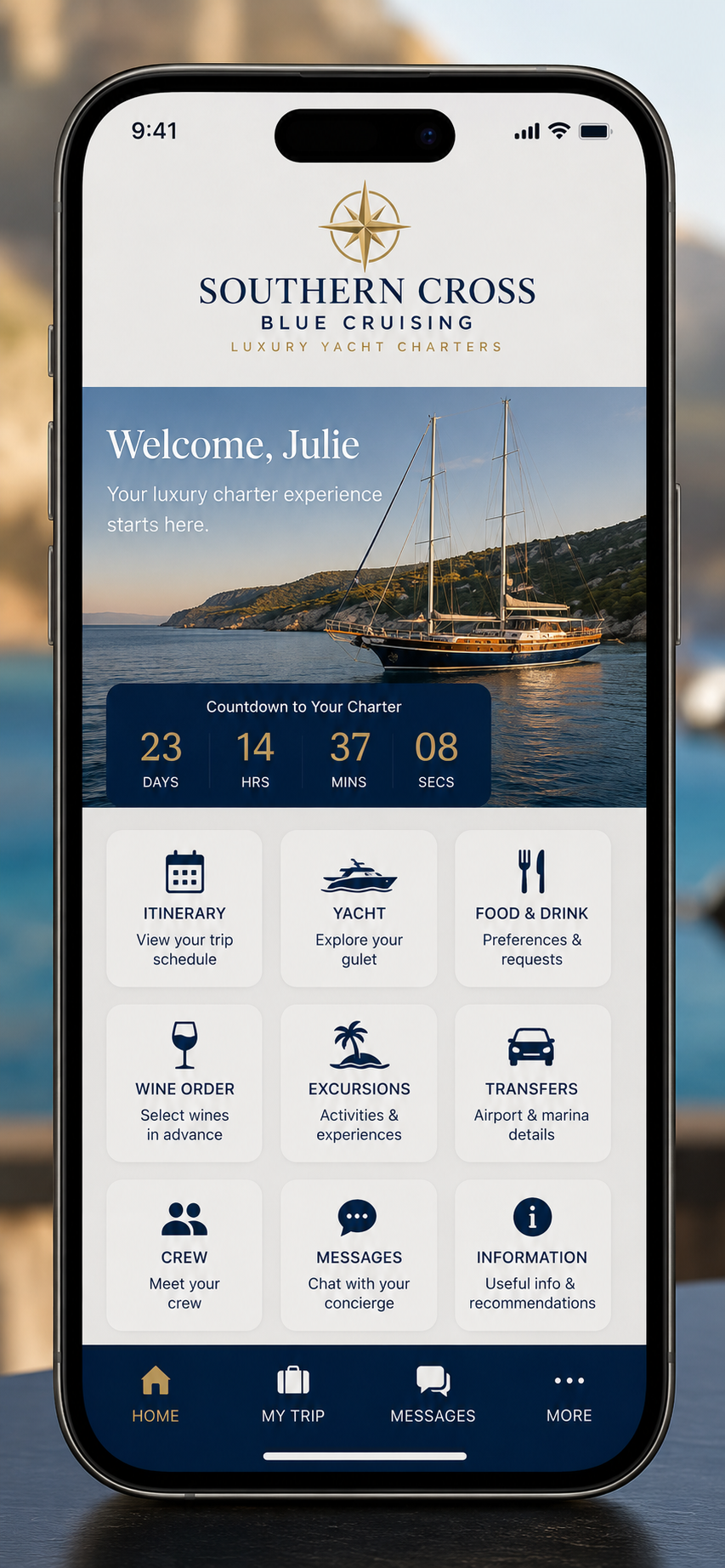 GuestVoyages luxury charter guest app showing welcome screen, countdown timer, and navigation